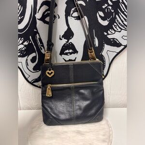 Brighton Black Leather Crossbody Bag with Gold Accents